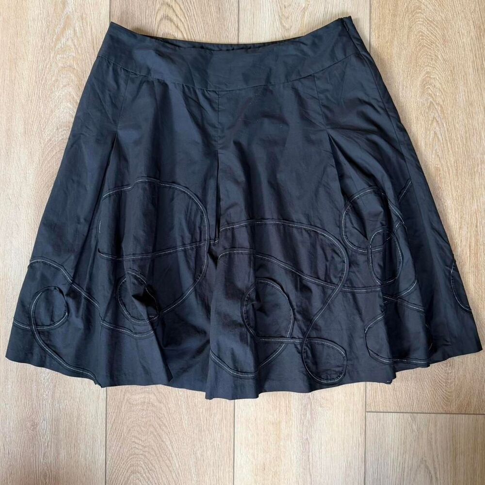 Talbots Black A-Line Midi Skirt Swirl Applique Embroidered Statement Skirt Size